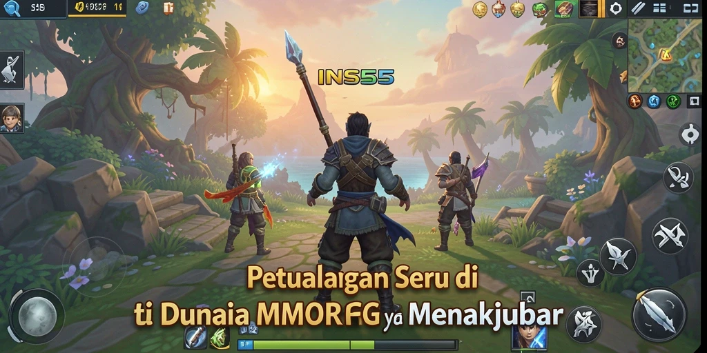 Screenshot utama dari gameplay INS55 menunjukkan pertarungan epik dalam dunia MMORPG.